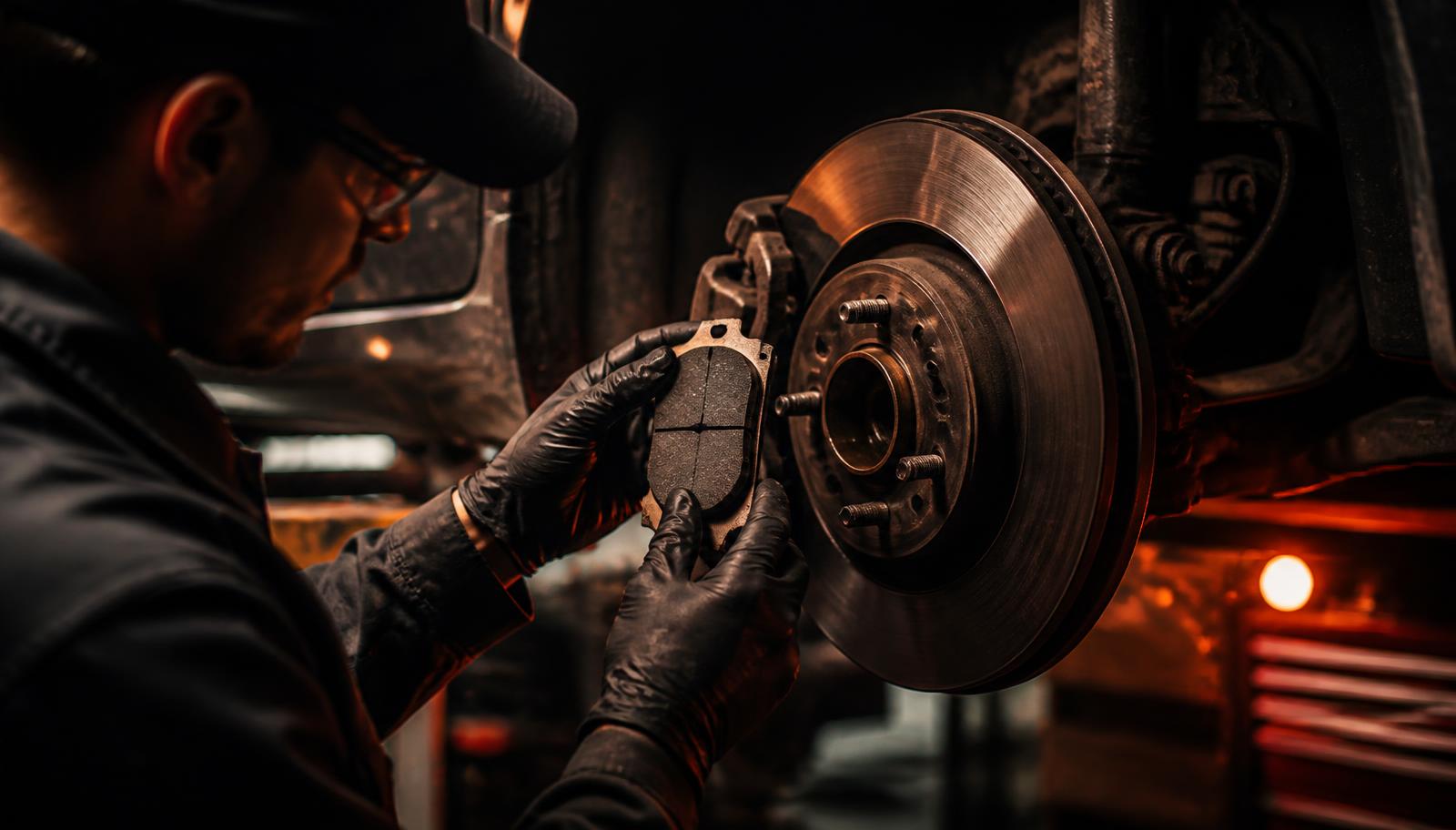 Technician inspecting brake components during automotive repair