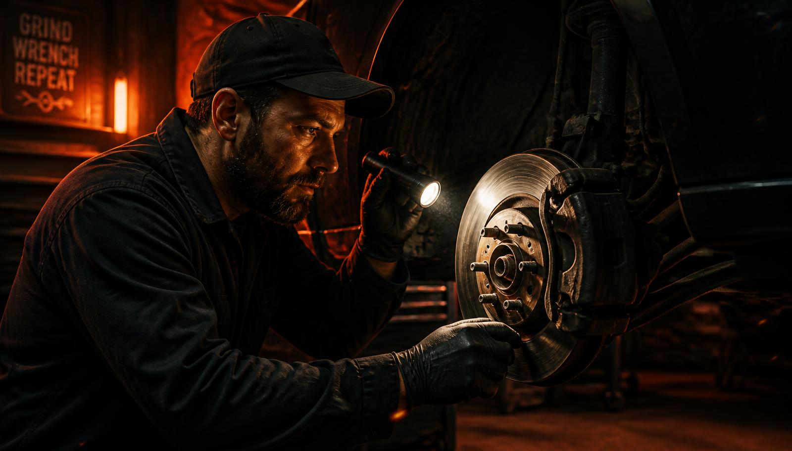 Mechanic performing brake inspection in California on a vehicle's wheel